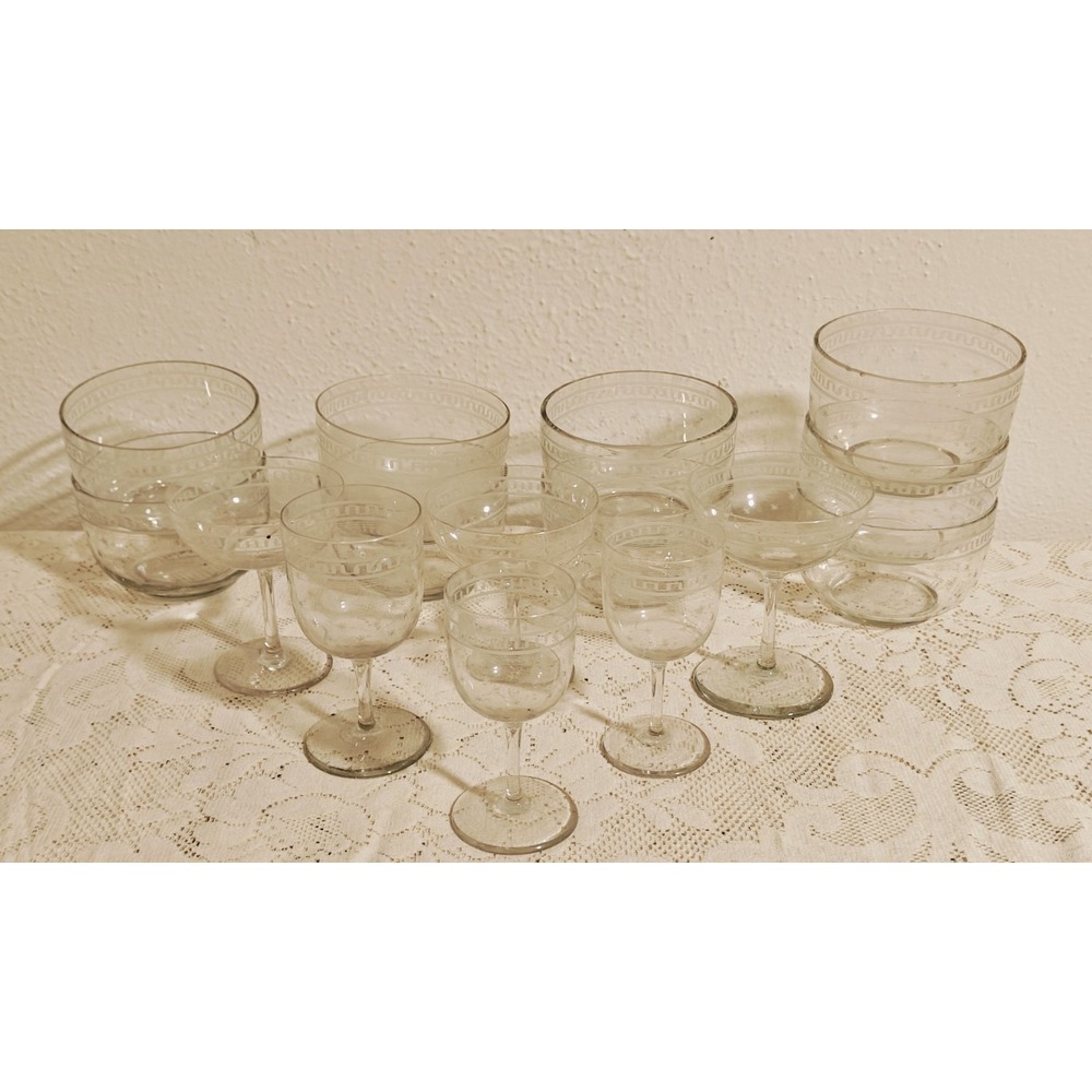 Boston & Sandwich Roman Key & Star Etch Glassware Mixed Lot  1870's 15 Pieces